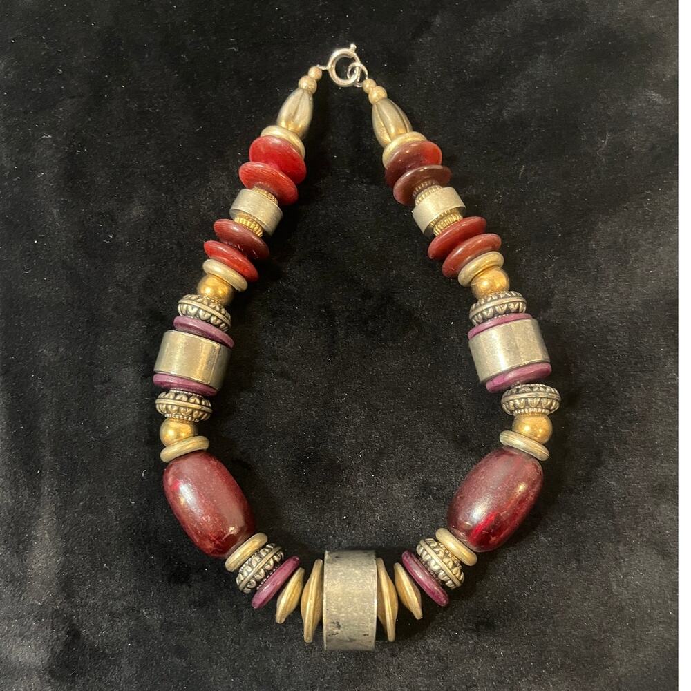 Vintage Wood and Metal Beaded Tribal-Style Choker Necklace -‎ 12"